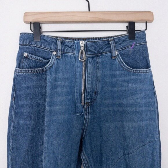 Sandro Hani Patchwork Jeans 36 Blue Vintage 4 Slim Leg High Rise Zip Fly Cropped - Picture 6 of 12